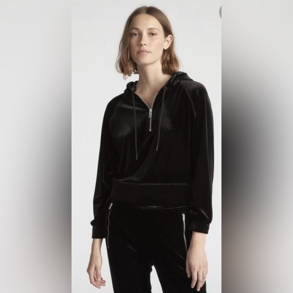 Rag & Bone Black Velour Track Suit Hooded Crop Jacket Straight Leg Pants Size XS